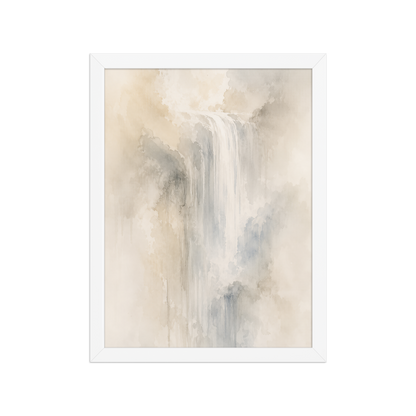 Framed waterfall-inspired poster with soft flowing forms in warm neutrals, misty blues, and subtle organic textures.