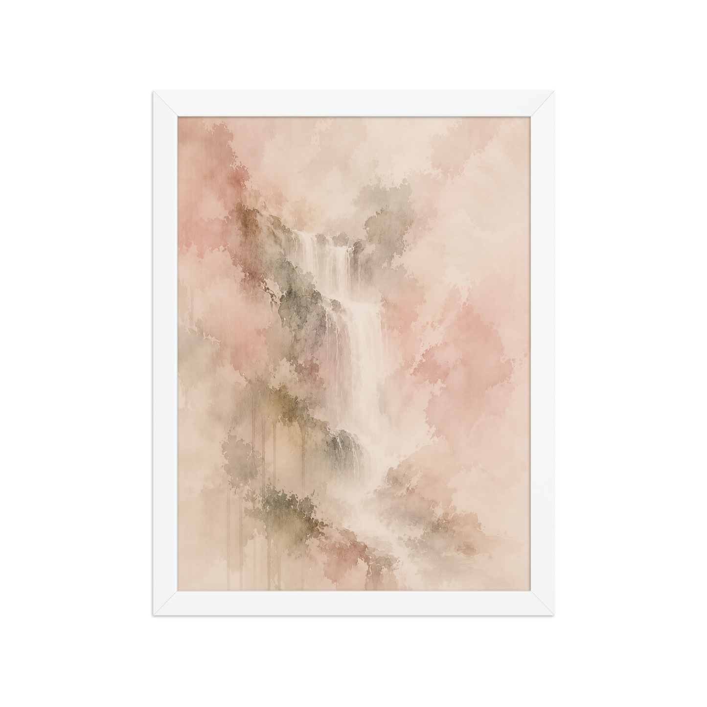 Framed waterfall-inspired poster featuring soft flowing forms in blush, warm neutral, and muted earth tones.