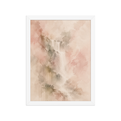 Framed waterfall-inspired poster featuring soft flowing forms in blush, warm neutral, and muted earth tones.