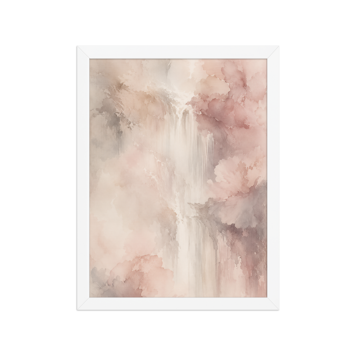Framed waterfall-inspired poster featuring soft flowing forms in blush pink, warm neutrals, and muted earth tones.