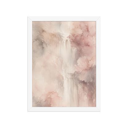 Framed waterfall-inspired poster featuring soft flowing forms in blush pink, warm neutrals, and muted earth tones.