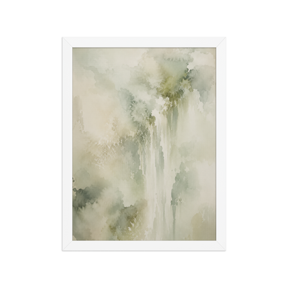 Framed waterfall-inspired poster featuring soft flowing forms in sage green, warm neutrals, and muted natural tones.