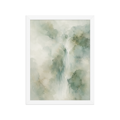 Framed waterfall-inspired poster with soft sage green tones, flowing water, and organic watercolor textures.