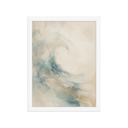 Framed ocean wave-inspired poster with flowing watercolor textures in soft blue, sand, and warm neutral tones.