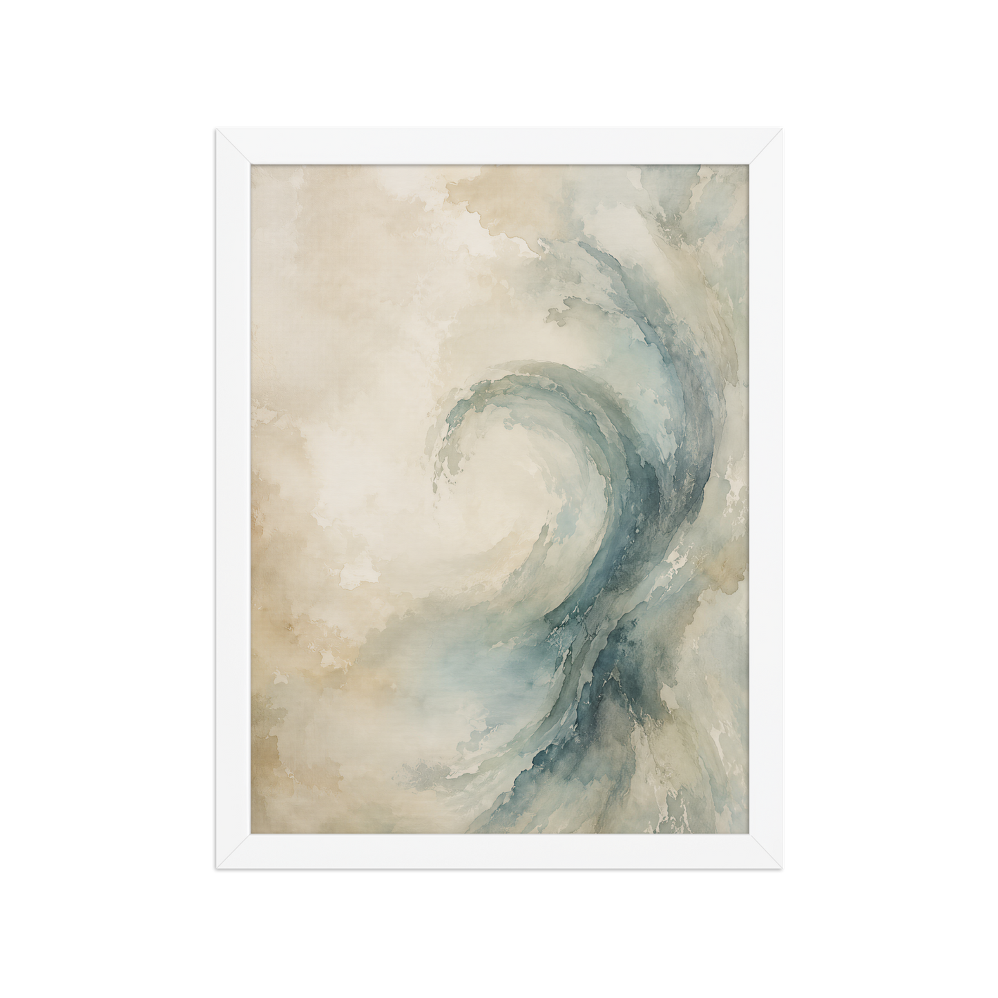 Framed ocean wave-inspired poster with flowing watercolor textures in soft blue, ivory, and warm neutral tones.