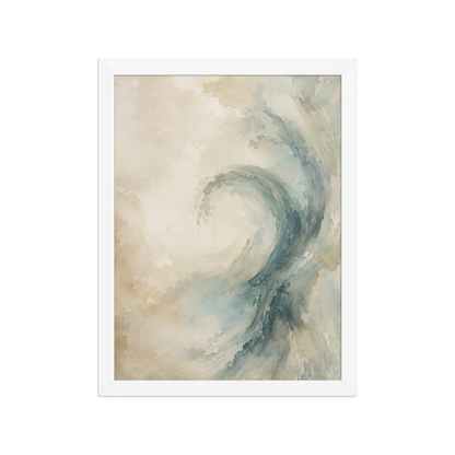 Framed ocean wave-inspired poster with flowing watercolor textures in soft blue, ivory, and warm neutral tones.