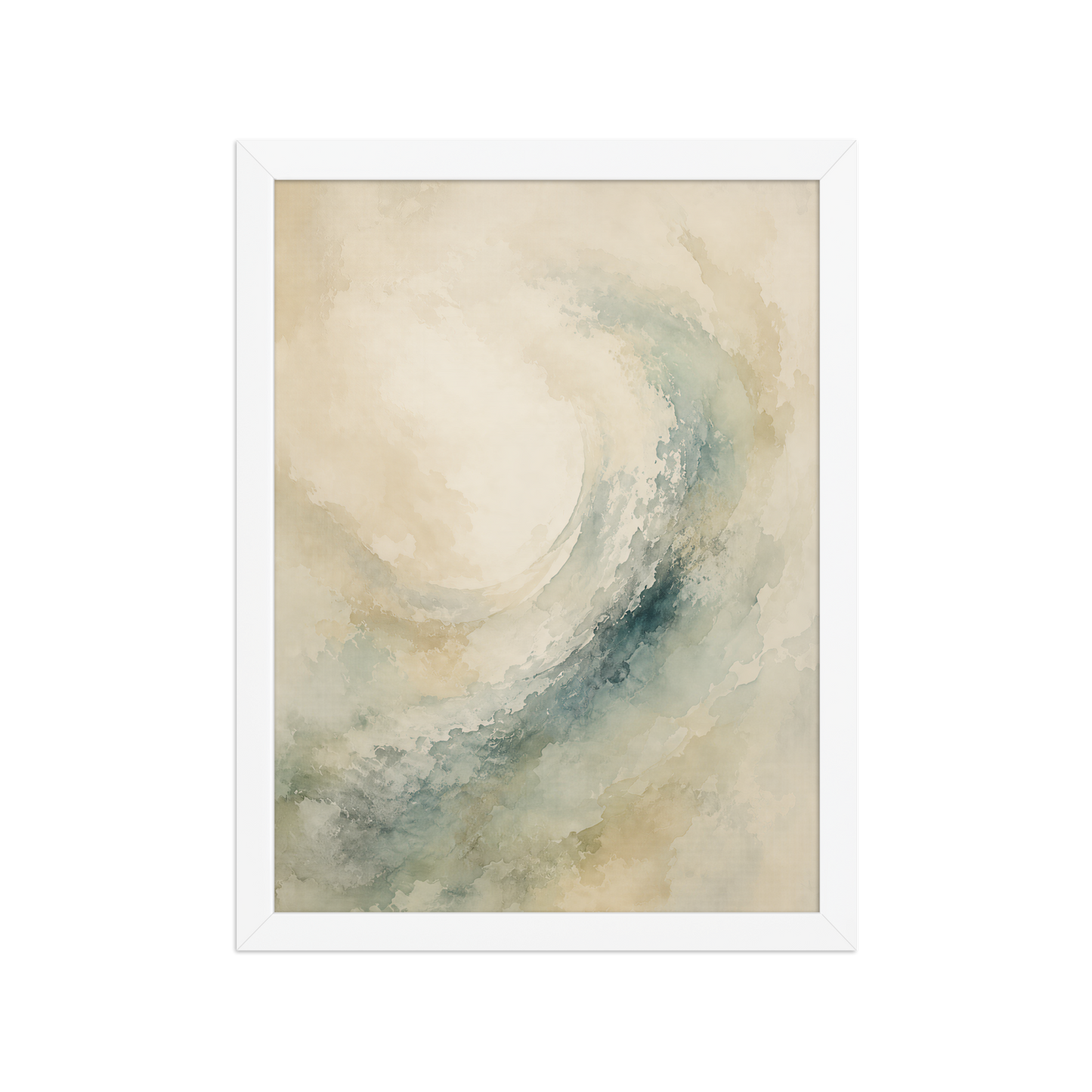 Framed ocean wave-inspired poster with flowing watercolor textures in soft blue, sage, and warm neutral tones.