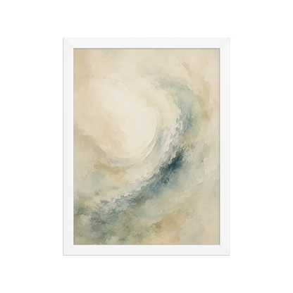 Framed ocean wave-inspired poster with flowing watercolor textures in soft blue, sage, and warm neutral tones.