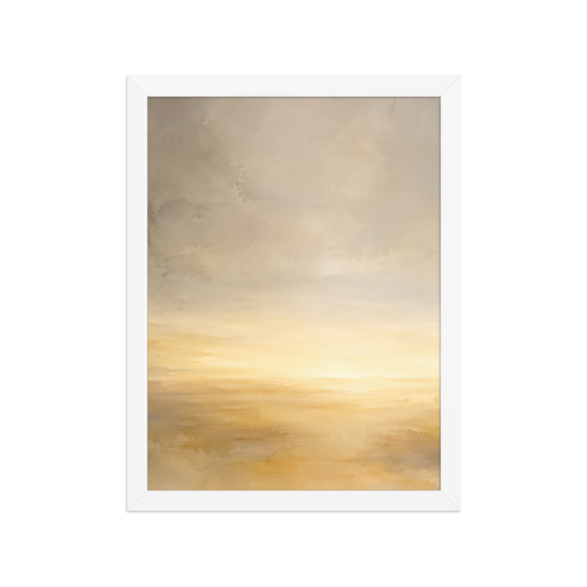 Framed sunrise poster featuring a glowing ocean horizon with soft watercolor textures in warm gold, ivory, and neutral tones.