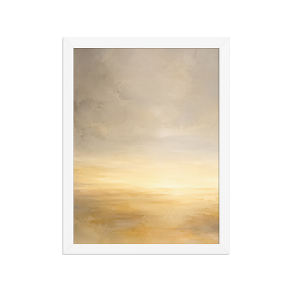 Framed sunrise poster featuring a glowing ocean horizon with soft watercolor textures in warm gold, ivory, and neutral tones.