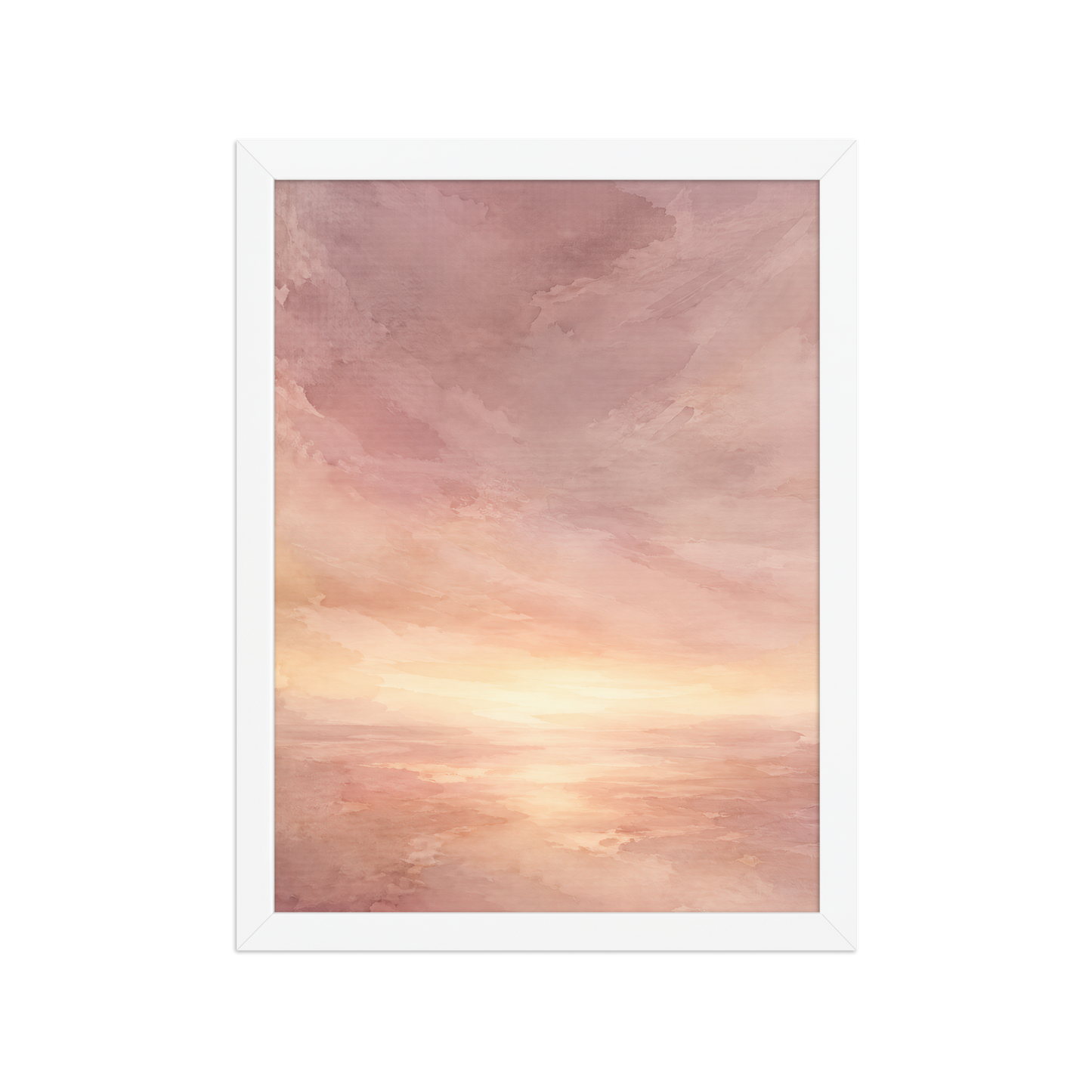Framed sunrise poster with a glowing blush ocean horizon and soft watercolor textures in pink, peach, and warm neutral tones.