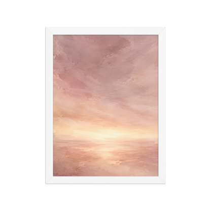 Framed sunrise poster with a glowing blush ocean horizon and soft watercolor textures in pink, peach, and warm neutral tones.