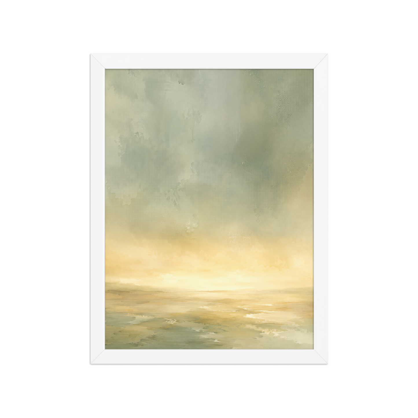Framed sunrise poster featuring a glowing ocean horizon with soft sage green, warm gold, and watercolor textures.