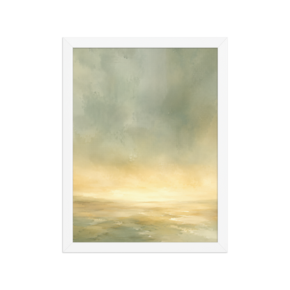 Framed sunrise poster featuring a glowing ocean horizon with soft sage green, warm gold, and watercolor textures.