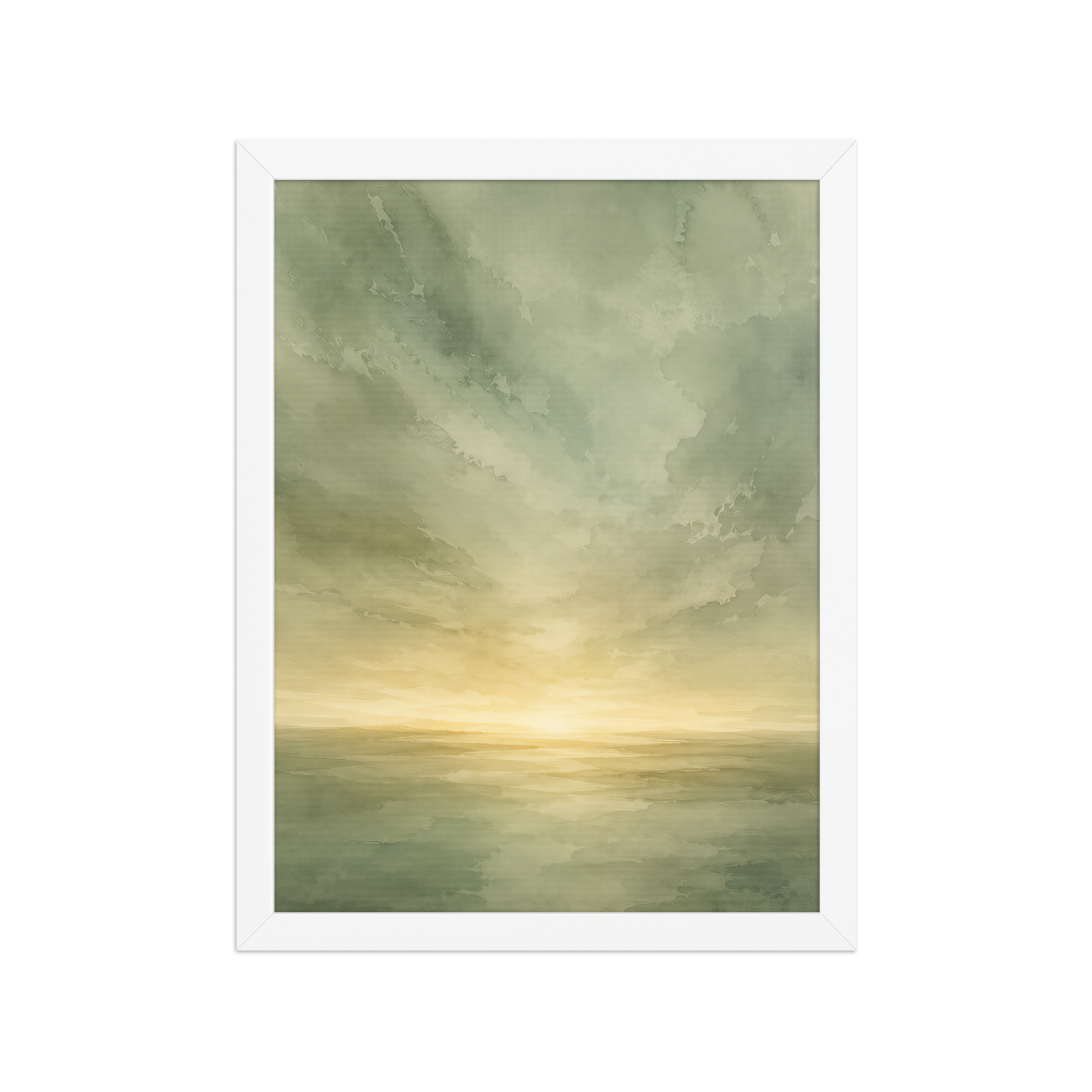 Framed sunrise poster featuring a glowing ocean horizon with soft sage green watercolor textures and warm golden light.