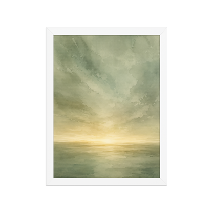 Framed sunrise poster featuring a glowing ocean horizon with soft sage green watercolor textures and warm golden light.