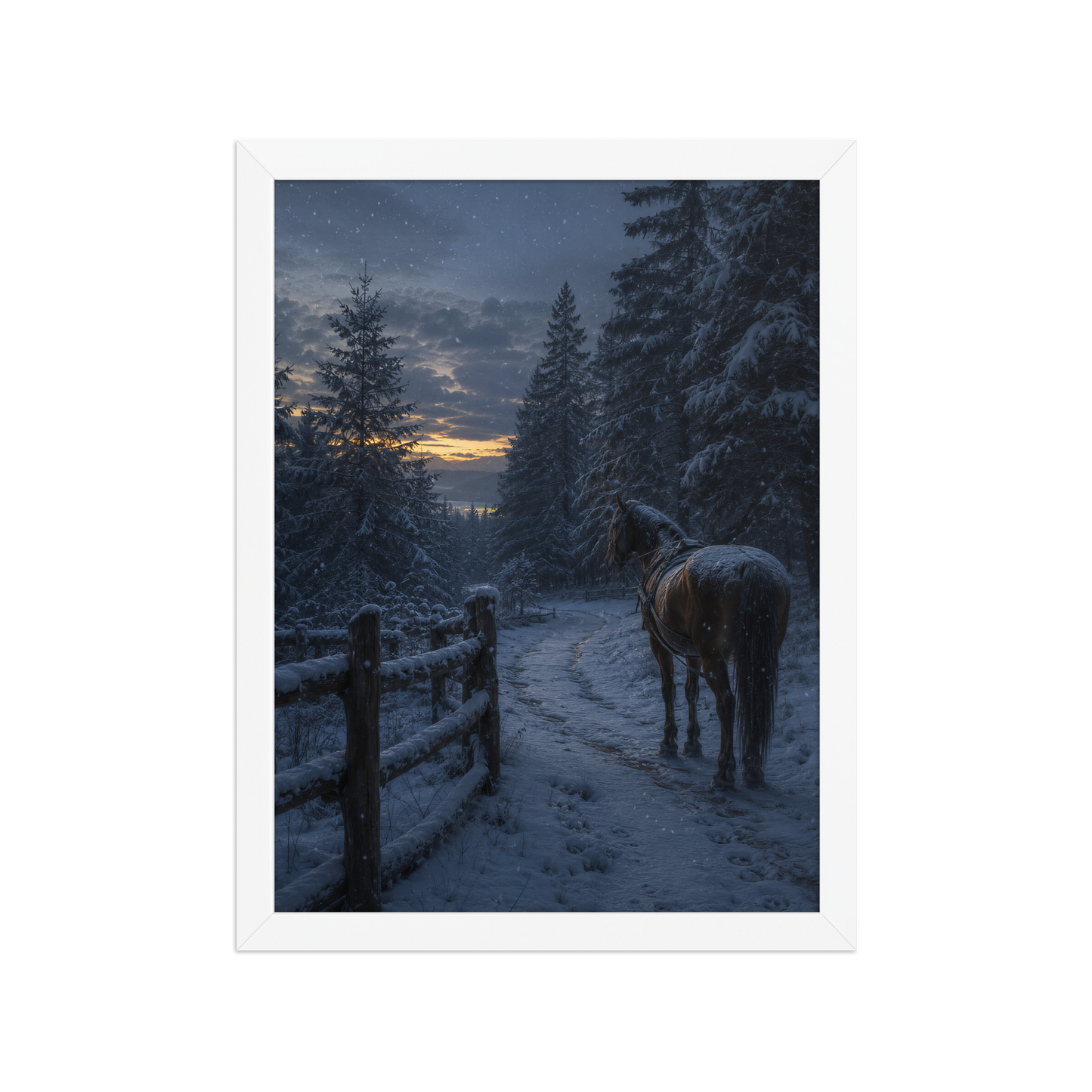 Framed winter forest poster featuring a lone horse on a snowy woodland path at twilight, inspired by Robert Frost's Miles to go, original Visual Poetry artwork.