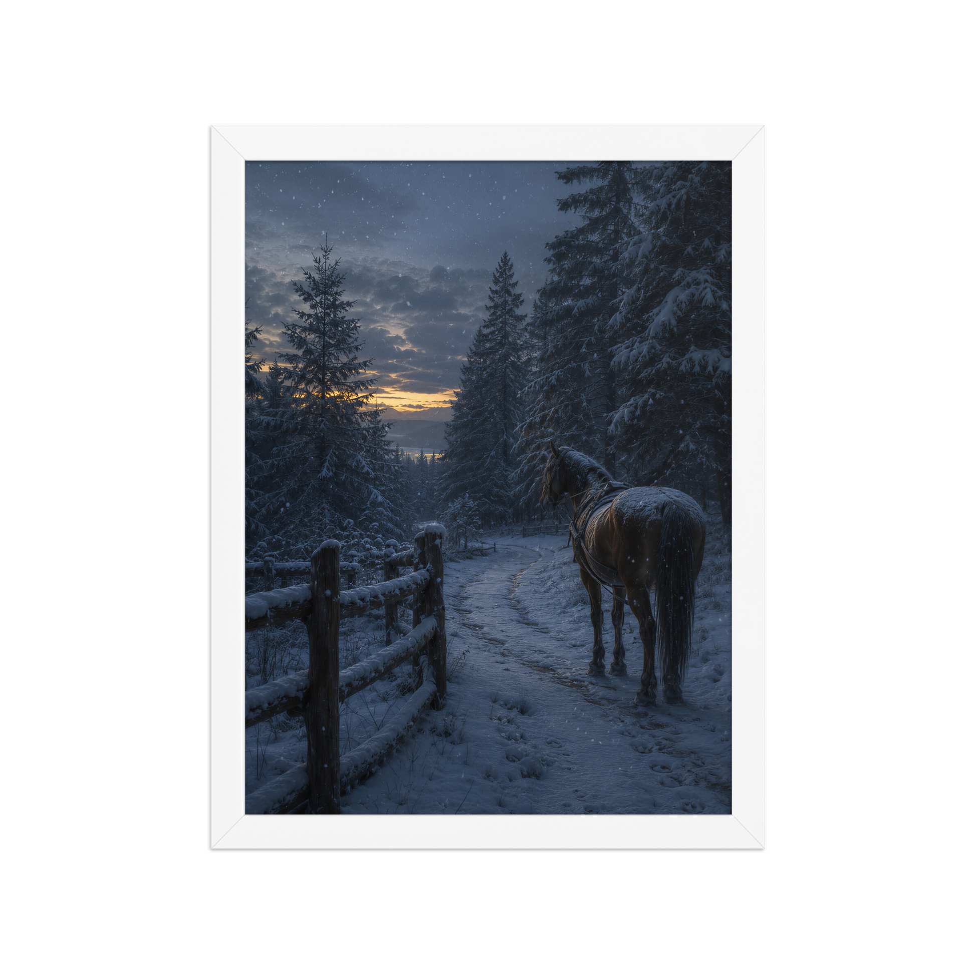 Framed winter forest poster featuring a lone horse on a snowy woodland path at twilight, inspired by Robert Frost's Miles to go, original Visual Poetry artwork.