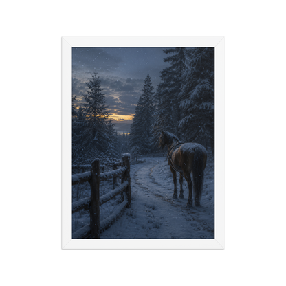 Framed winter forest poster featuring a lone horse on a snowy woodland path at twilight, inspired by Robert Frost's Miles to go, original Visual Poetry artwork.