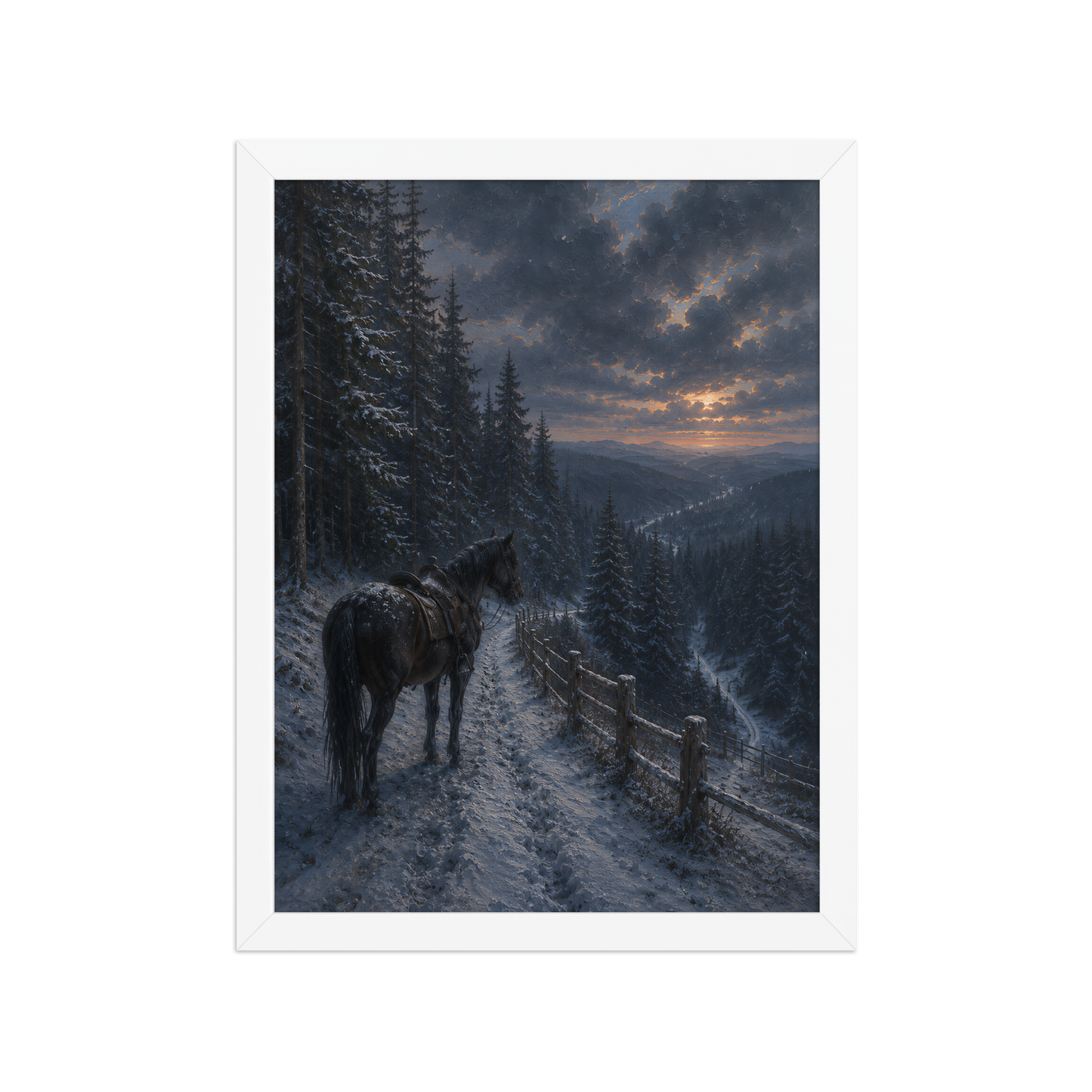 Framed mountain trail poster featuring a lone horse overlooking a snowy valley at winter sunset, inspired by Robert Frost's The Road Not Taken, original Visual Poetry artwork.