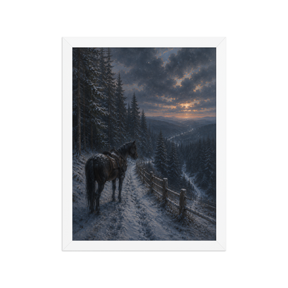 Framed mountain trail poster featuring a lone horse overlooking a snowy valley at winter sunset, inspired by Robert Frost's The Road Not Taken, original Visual Poetry artwork.