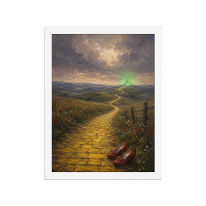 Framed Yellow Brick Road poster featuring ruby slippers beside a winding golden path leading toward a distant emerald city, inspired by There's No Place Like Home, original Visual Poetry artwork.