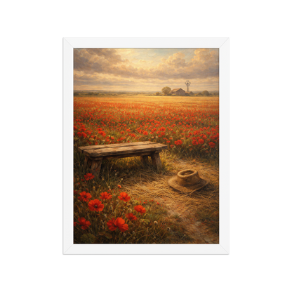 Framed Poppy Field poster featuring a rustic bench, straw hat, and a vast field of red poppies beneath a glowing countryside sky, inspired by The Deadly Poppy Field, original Visual Poetry artwork.