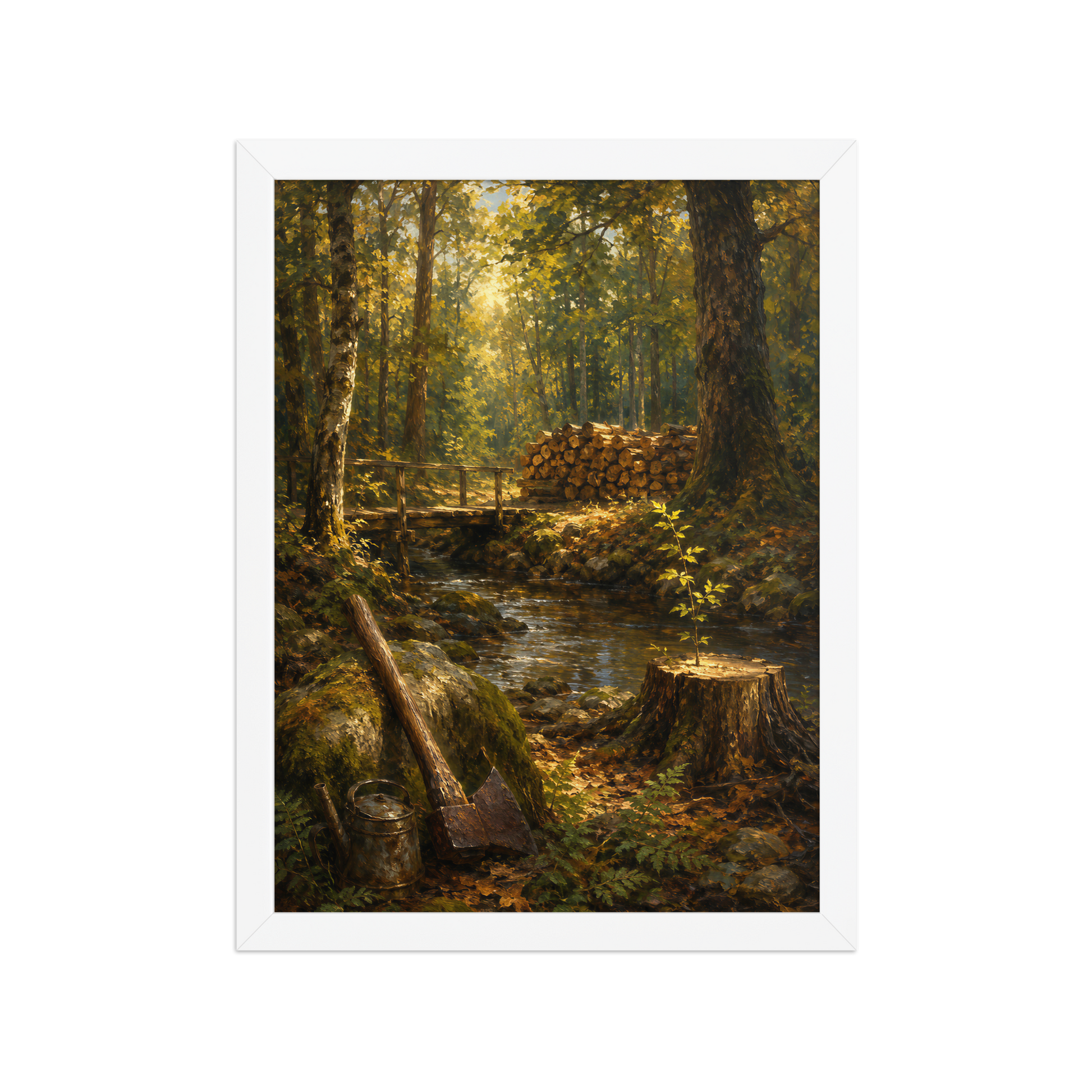 Framed Forest Clearing poster featuring a woodland stream, rustic bridge, axe, stacked firewood, and a young sapling growing from a tree stump, inspired by Follow the Yellow Brick Road, original Visual Poetry artwork.