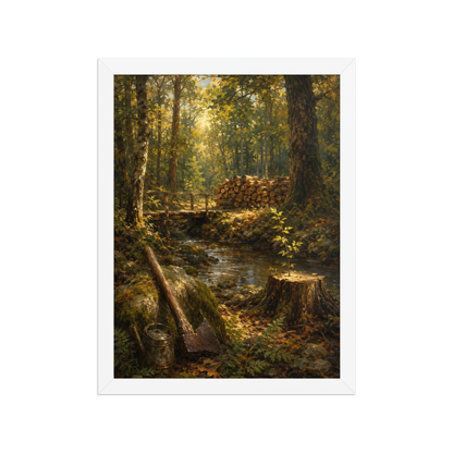 Framed Forest Clearing poster featuring a woodland stream, rustic bridge, axe, stacked firewood, and a young sapling growing from a tree stump, inspired by Follow the Yellow Brick Road, original Visual Poetry artwork.