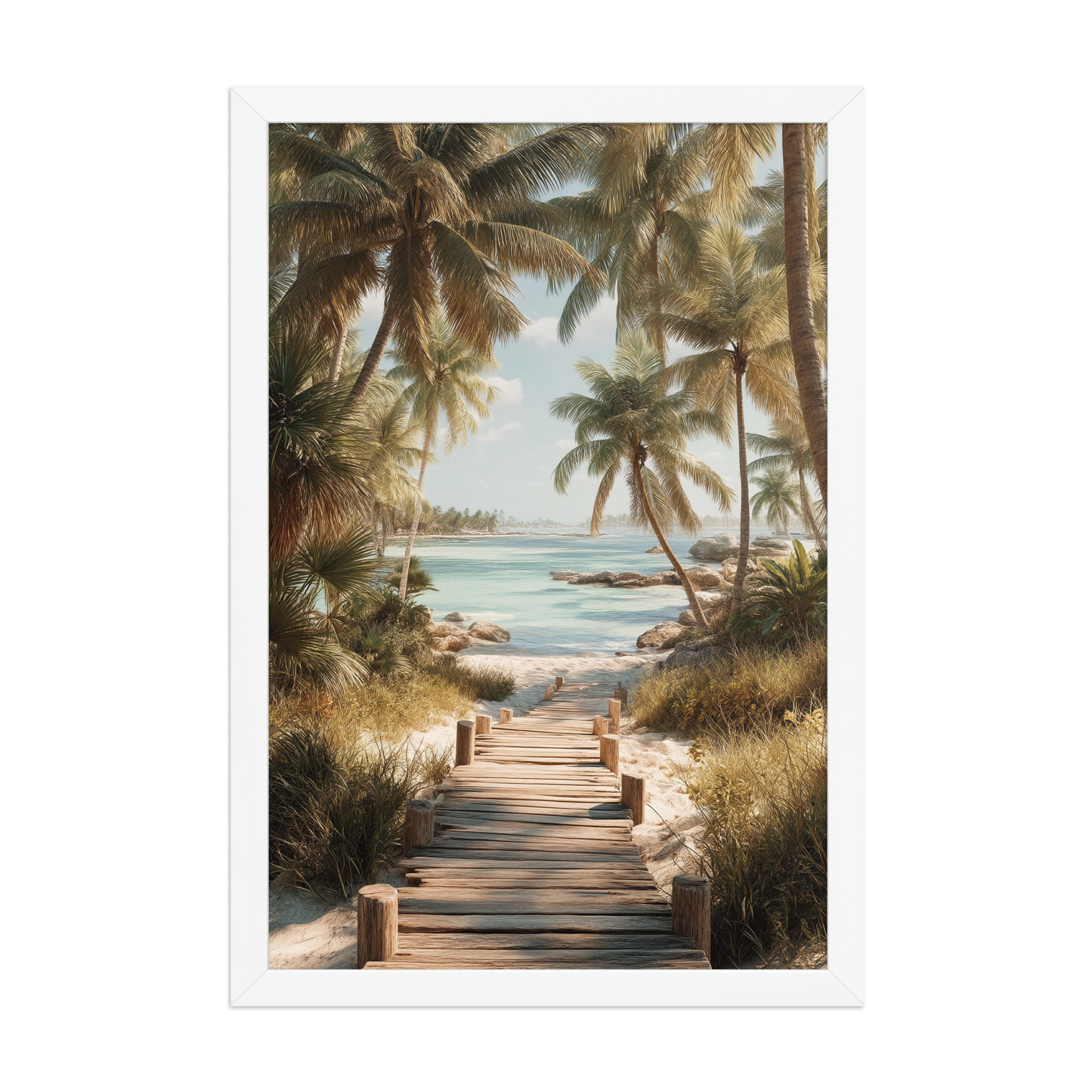 Wooden boardwalk path through tropical palm trees 
leading to calm turquoise beach, framed wall art print, 
black frame, JMTR Jeometry Store