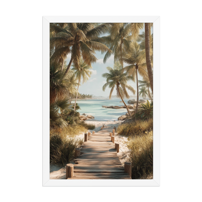 Wooden boardwalk path through tropical palm trees 
leading to calm turquoise beach, framed wall art print, 
black frame, JMTR Jeometry Store