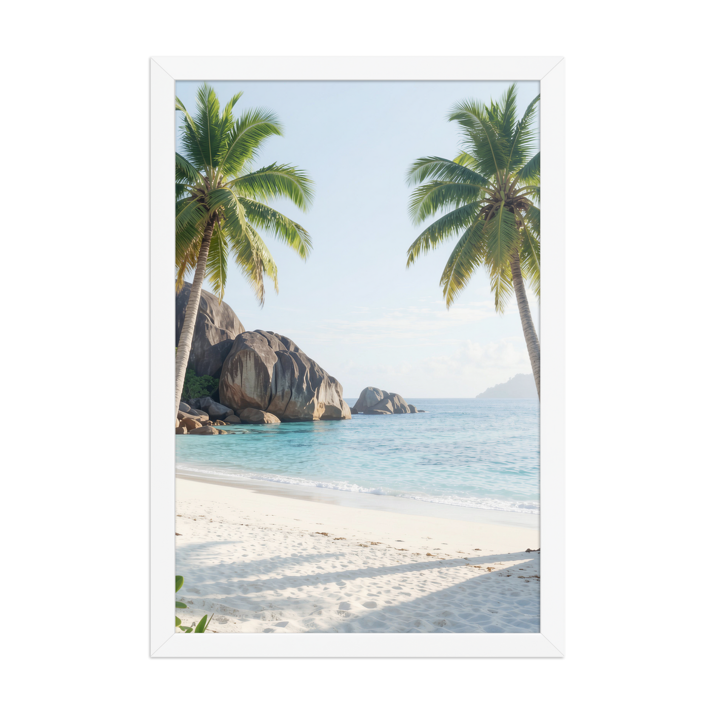 Framed tropical beach print with turquoise ocean, white sand and palm trees, ready to hang coastal wall art, JMTR Jeometry Store