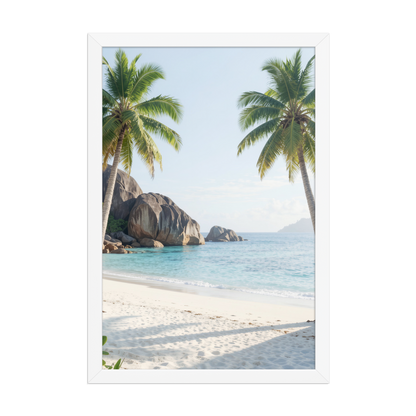 Framed tropical beach print with turquoise ocean, white sand and palm trees, ready to hang coastal wall art, JMTR Jeometry Store