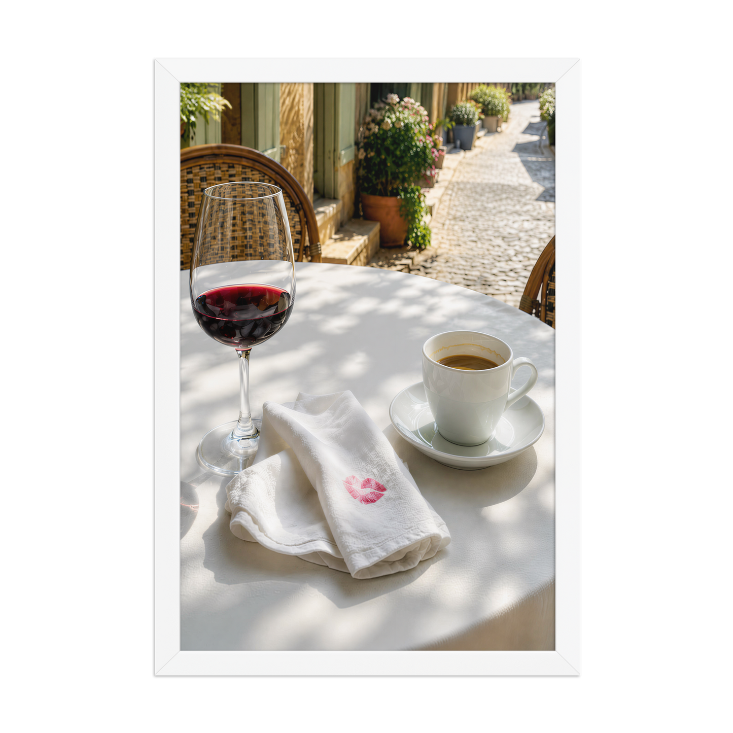 Framed sunlit café terrace print with red wine and espresso, ready to hang wall art, JMTR Jeometry Store
