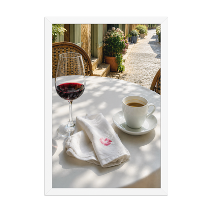 Framed sunlit café terrace print with red wine and espresso, ready to hang wall art, JMTR Jeometry Store