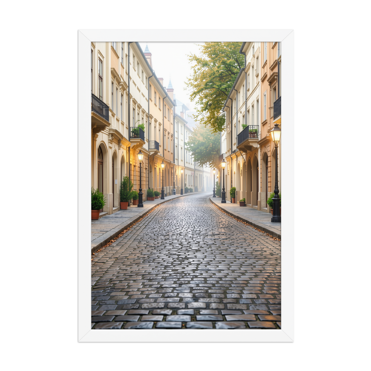 Framed European cobblestone street wall art, calm aesthetic old town morning fog poster, black frame, JMTR Jeometry Store