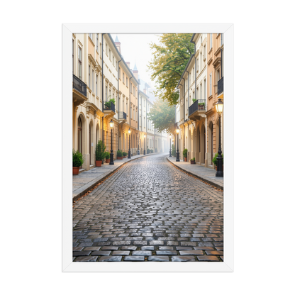 Framed European cobblestone street wall art, calm aesthetic old town morning fog poster, black frame, JMTR Jeometry Store