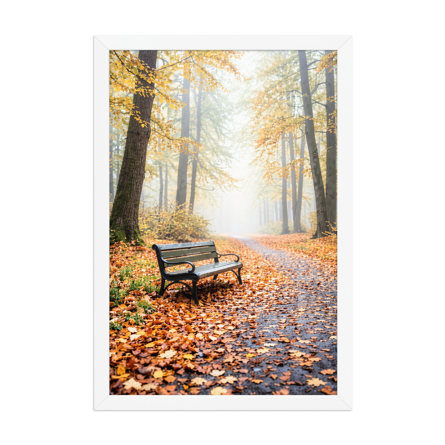 Framed autumn park bench wall art, foggy forest path fall leaves calm aesthetic poster, black frame, JMTR Jeometry Store