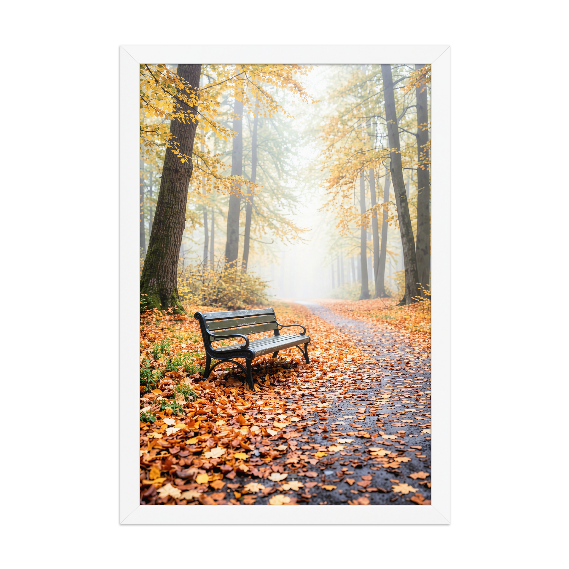 Framed autumn park bench wall art, foggy forest path fall leaves calm aesthetic poster, black frame, JMTR Jeometry Store