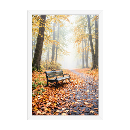 Framed autumn park bench wall art, foggy forest path fall leaves calm aesthetic poster, black frame, JMTR Jeometry Store
