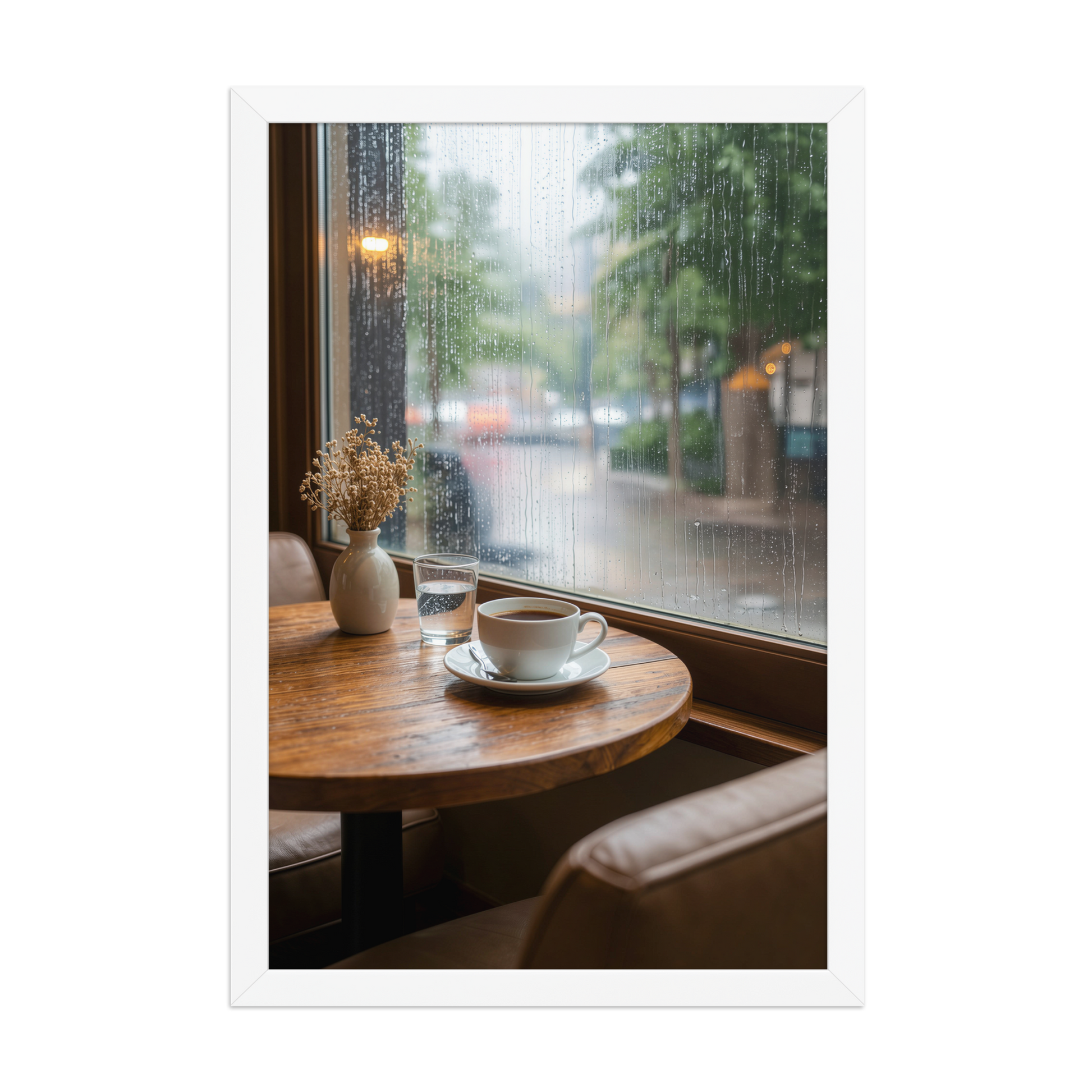 Framed rainy day cafe wall art, coffee cup by rain window calm aesthetic poster, black frame, JMTR Jeometry Store