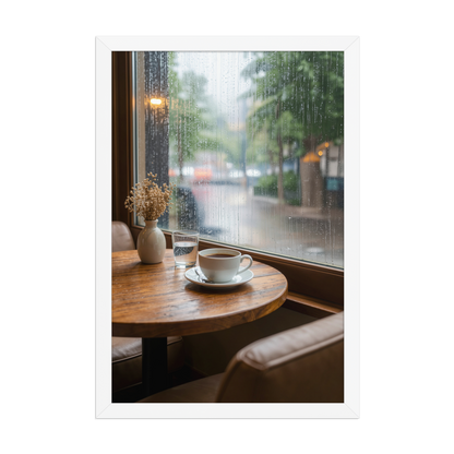 Framed rainy day cafe wall art, coffee cup by rain window calm aesthetic poster, black frame, JMTR Jeometry Store