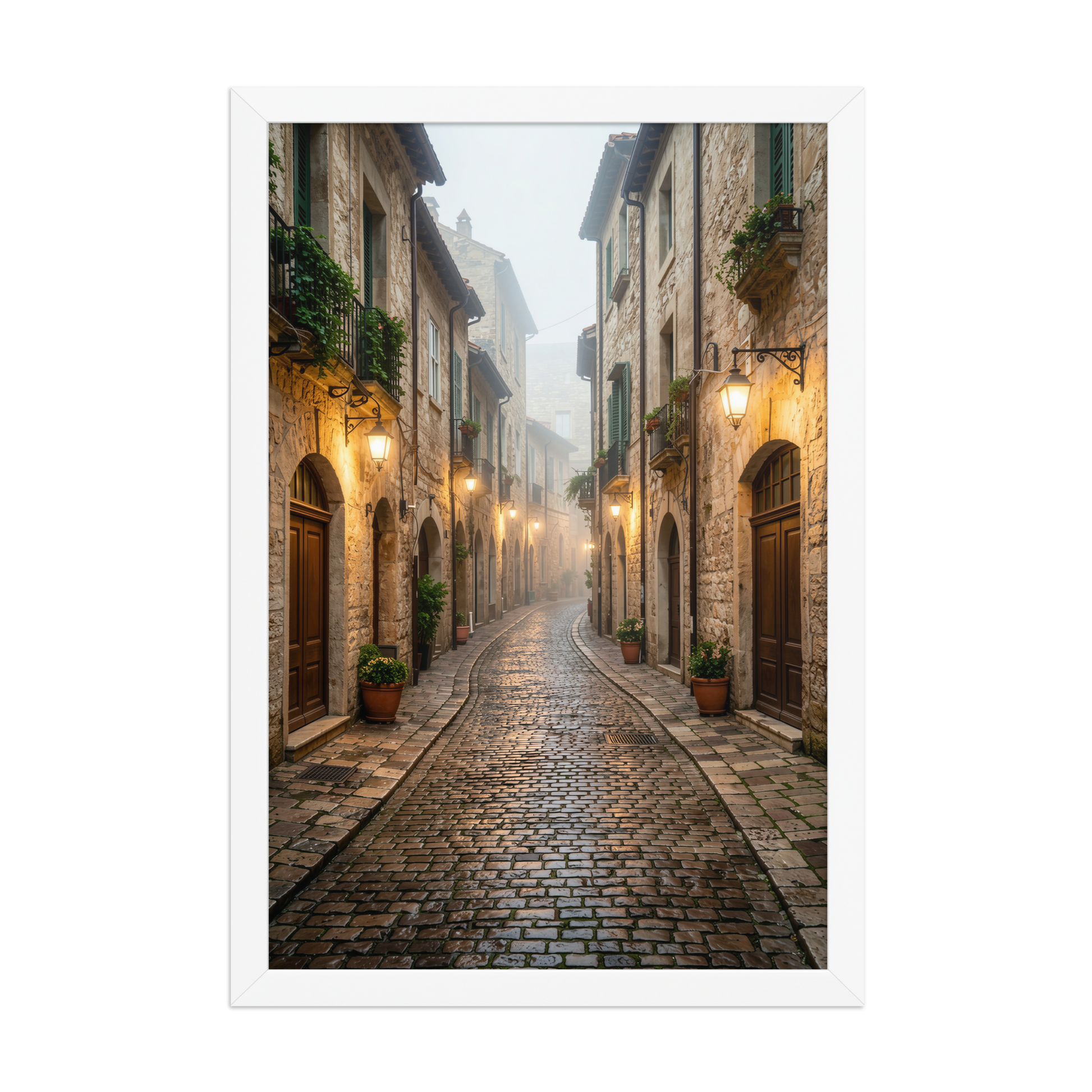 Framed Italian village cobblestone street wall art, warm lanterns foggy alley calm aesthetic poster, black frame, JMTR Jeometry Store