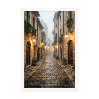 Framed Italian village cobblestone street wall art, warm lanterns foggy alley calm aesthetic poster, black frame, JMTR Jeometry Store