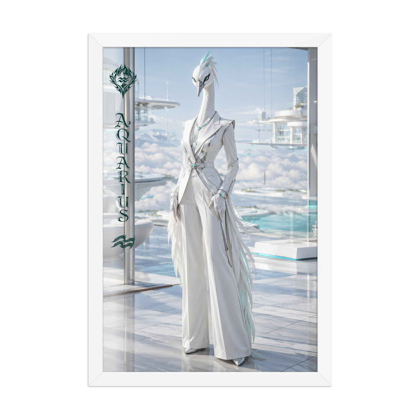 Framed Aquarius woman zodiac poster featuring a white crane standing above the clouds in a futuristic celestial city