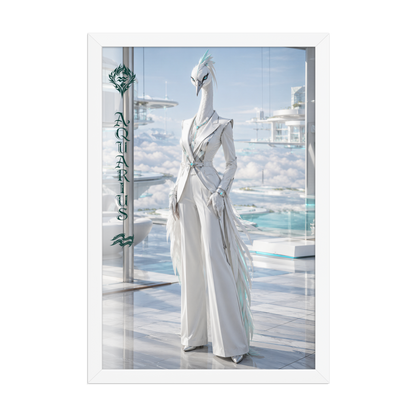 Framed Aquarius woman zodiac poster featuring a white crane standing above the clouds in a futuristic celestial city