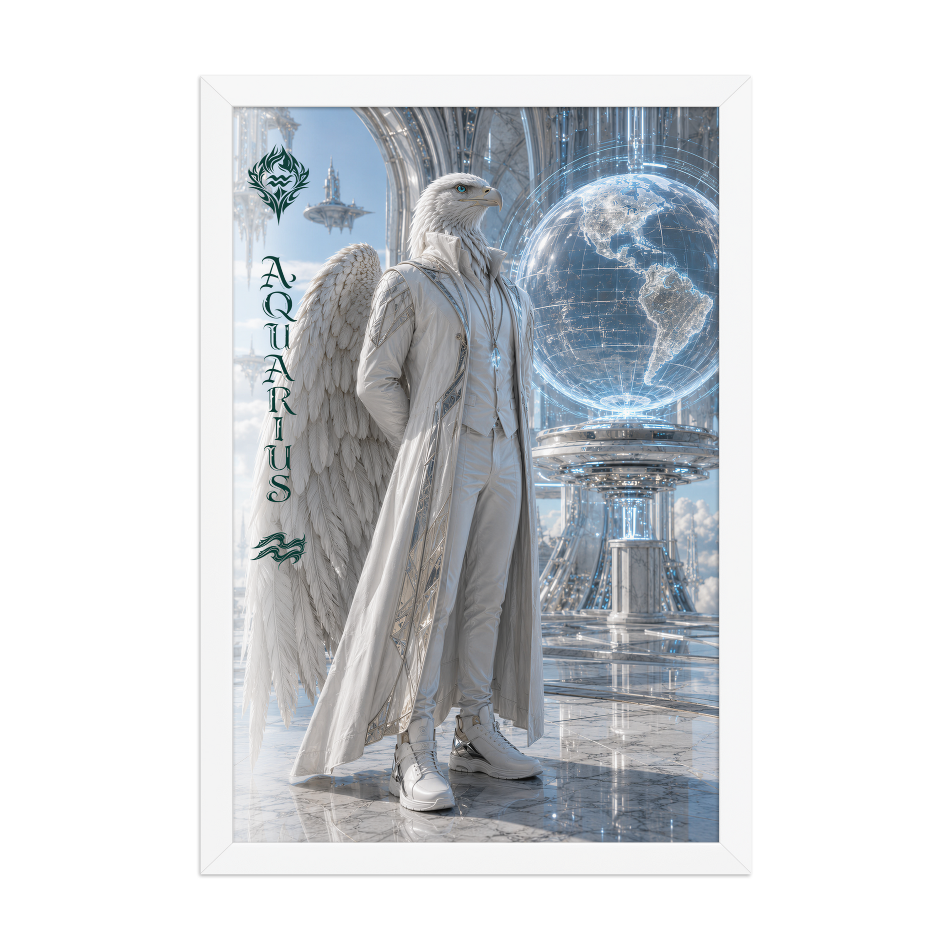 Framed Aquarius man zodiac poster featuring a white eagle standing before a glowing world in a futuristic celestial city