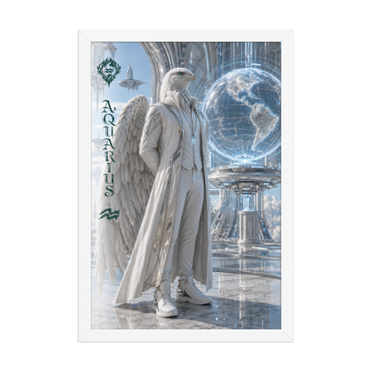 Framed Aquarius man zodiac poster featuring a white eagle standing before a glowing world in a futuristic celestial city