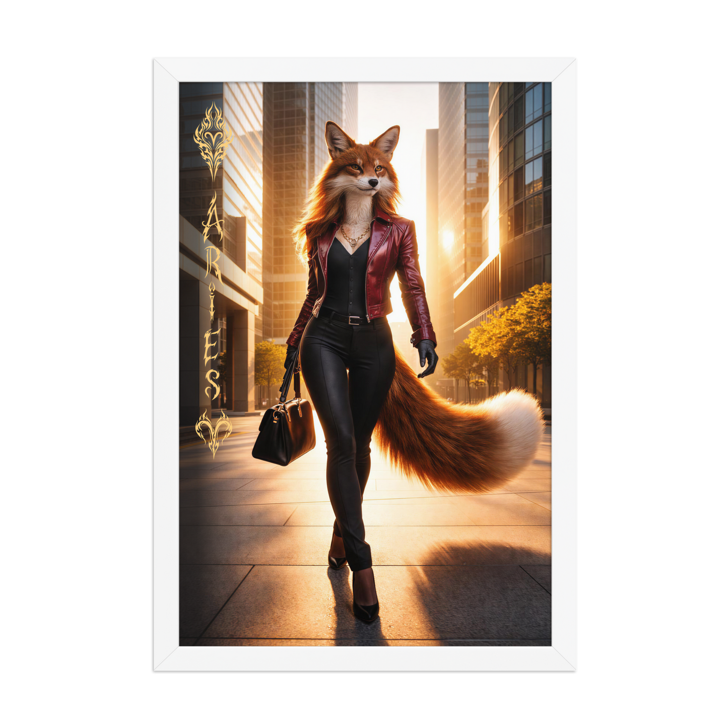 Framed Aries fox woman zodiac poster walking through a modern city at sunset