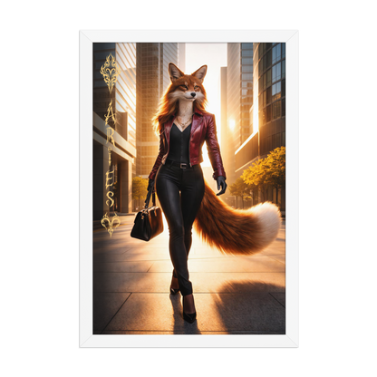 Framed Aries fox woman zodiac poster walking through a modern city at sunset